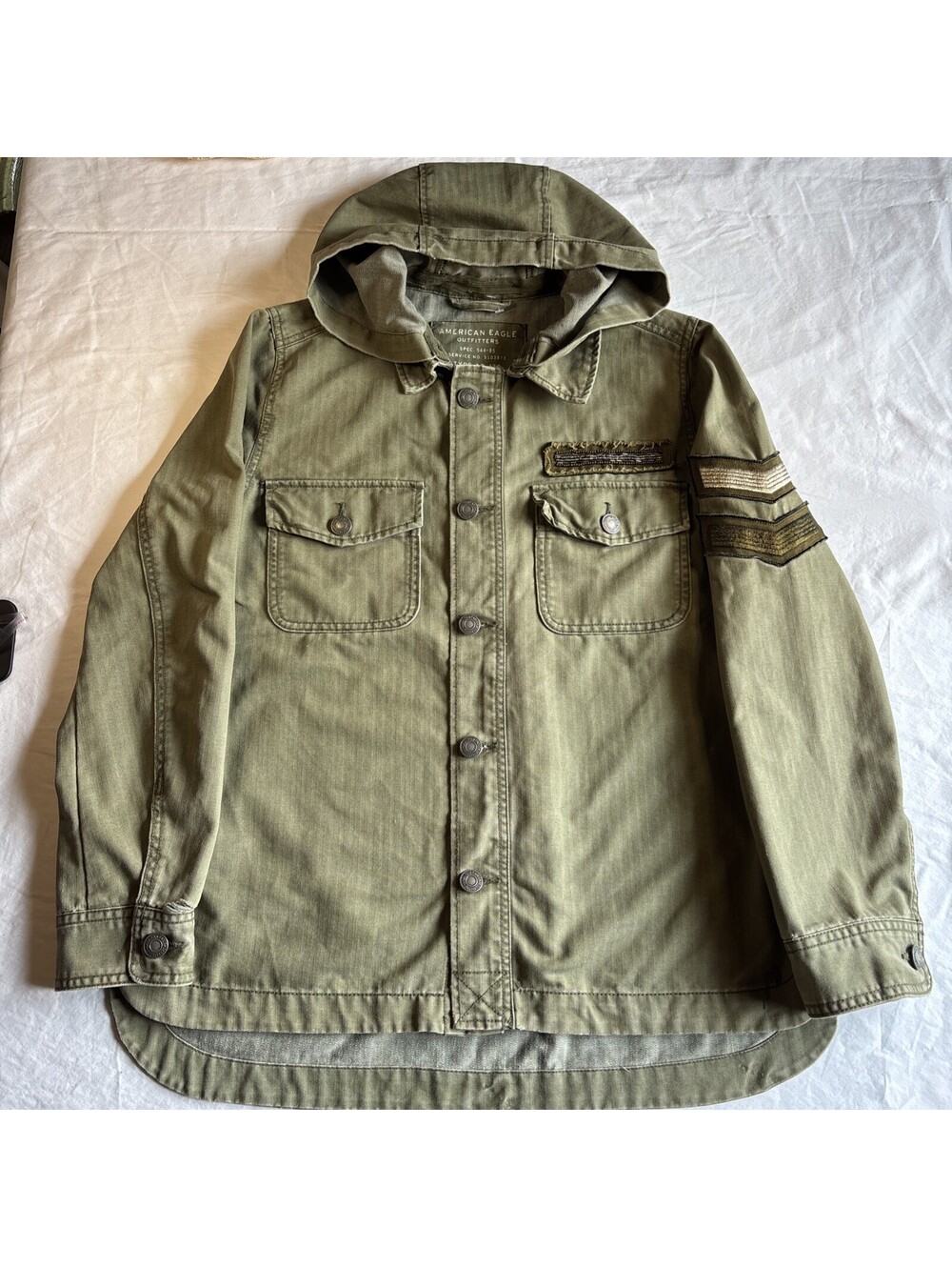 American Eagle AE 177Military Green Combat Field Jacket Mens M, hooded patches